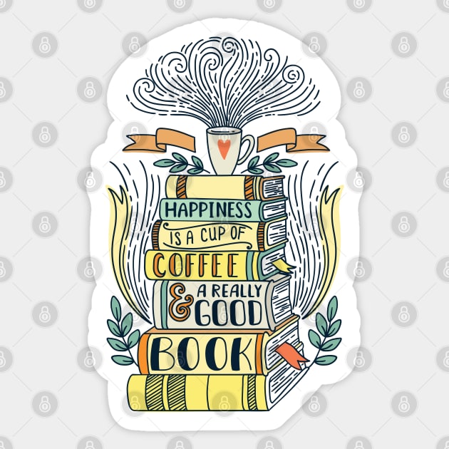 Happiness is Books and Coffee Sticker by machmigo